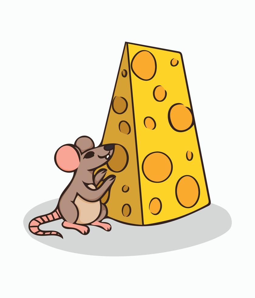 Cute little rat standing next to huge piece of cheese. Vector image. Illustration for design of various stationery advertising brochures for clothing. Design element