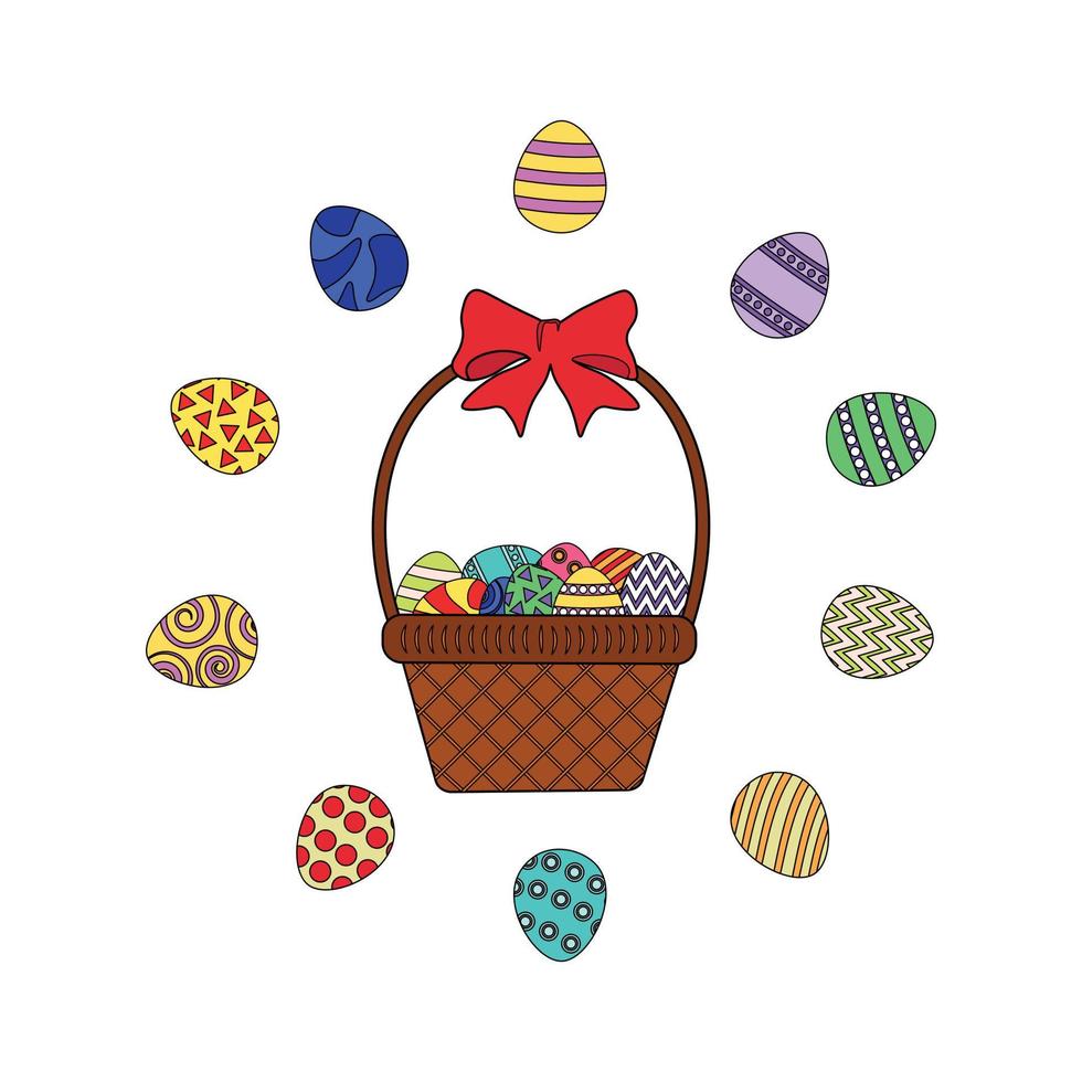 Basket with a circle of Easter eggs vector