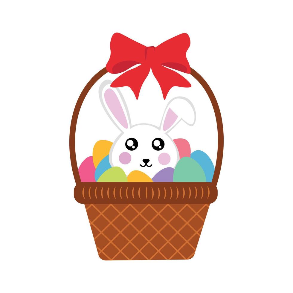 Easter basket with rabbit and colored eggs vector