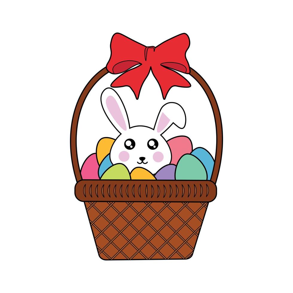 Easter basket with rabbit and colored eggs vector