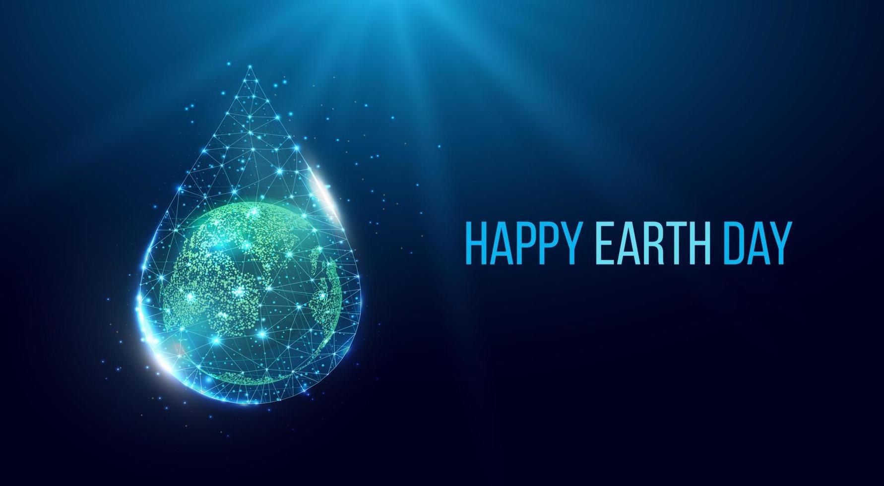 Happy Earth Day concept. Two human hands are holds Planet Earth in water drop. Protection environmental, Ecology concept. Futuristic modern abstract background. Vector illustration.