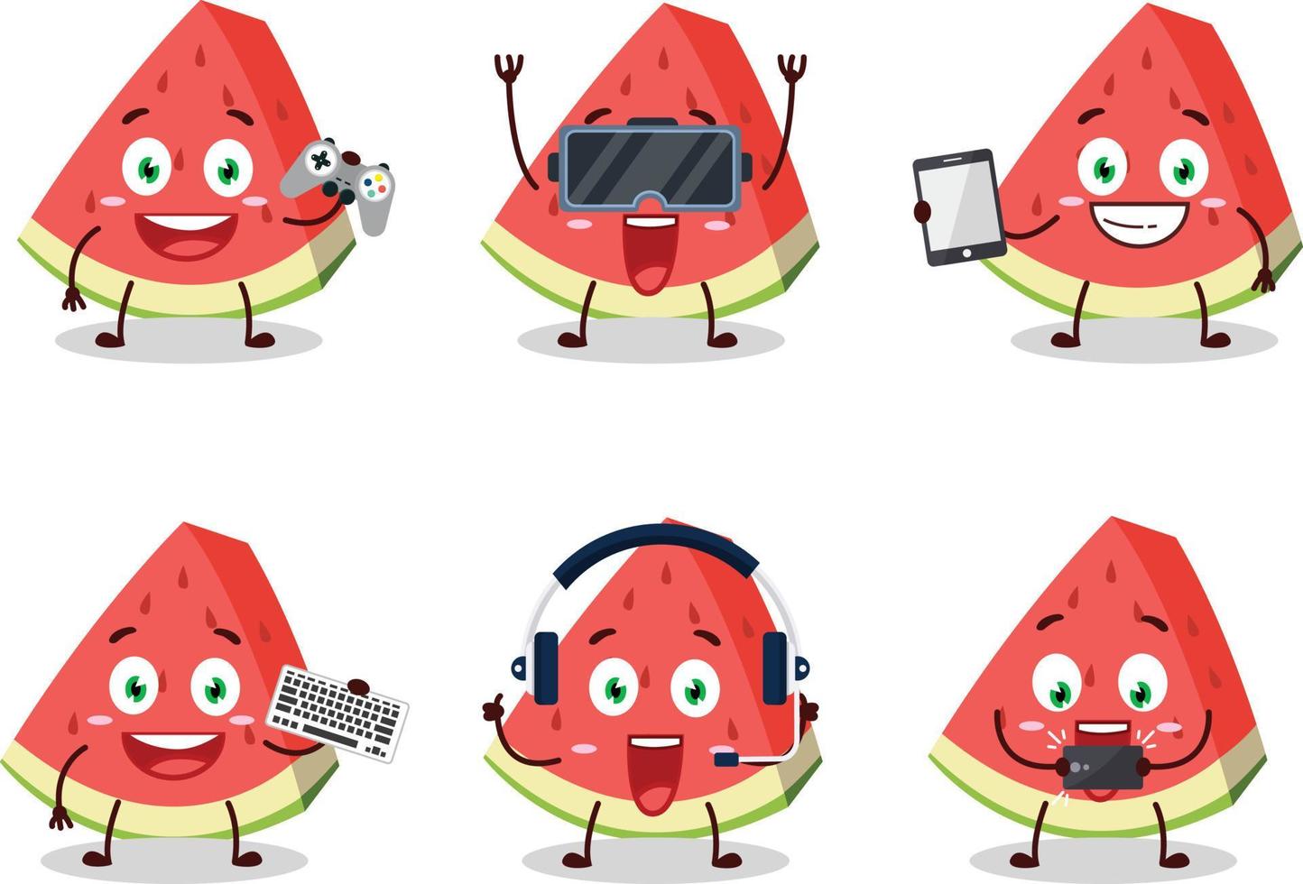 Slash of watermelon cartoon character are playing games with various cute emoticons vector