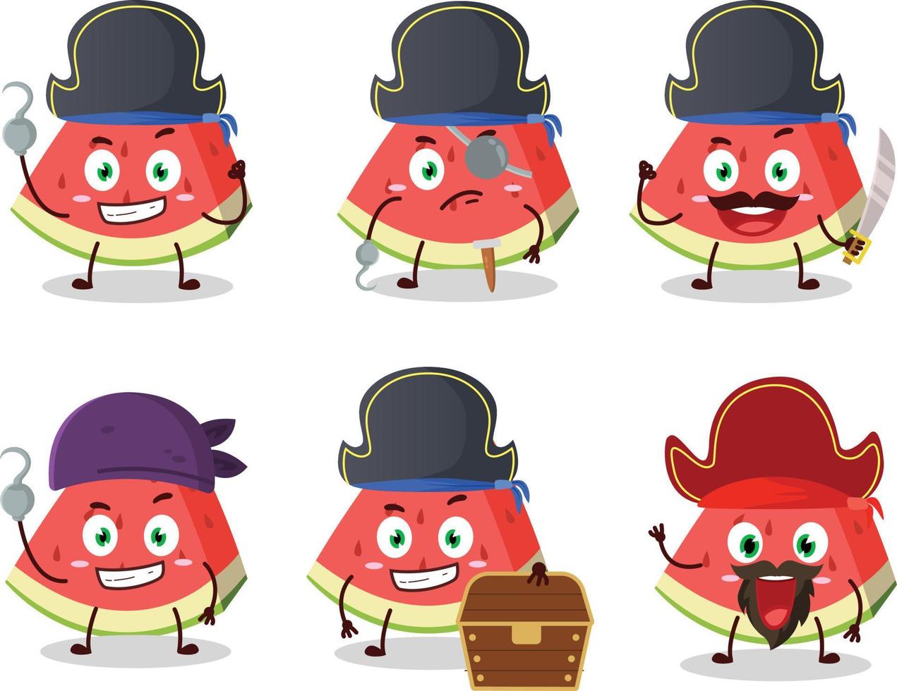 dibujos animados personaje de barra oblicua de sandía con varios piratas emoticones vector