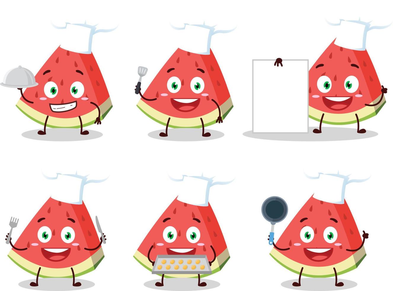 Cartoon character of slash of watermelon with various chef emoticons vector