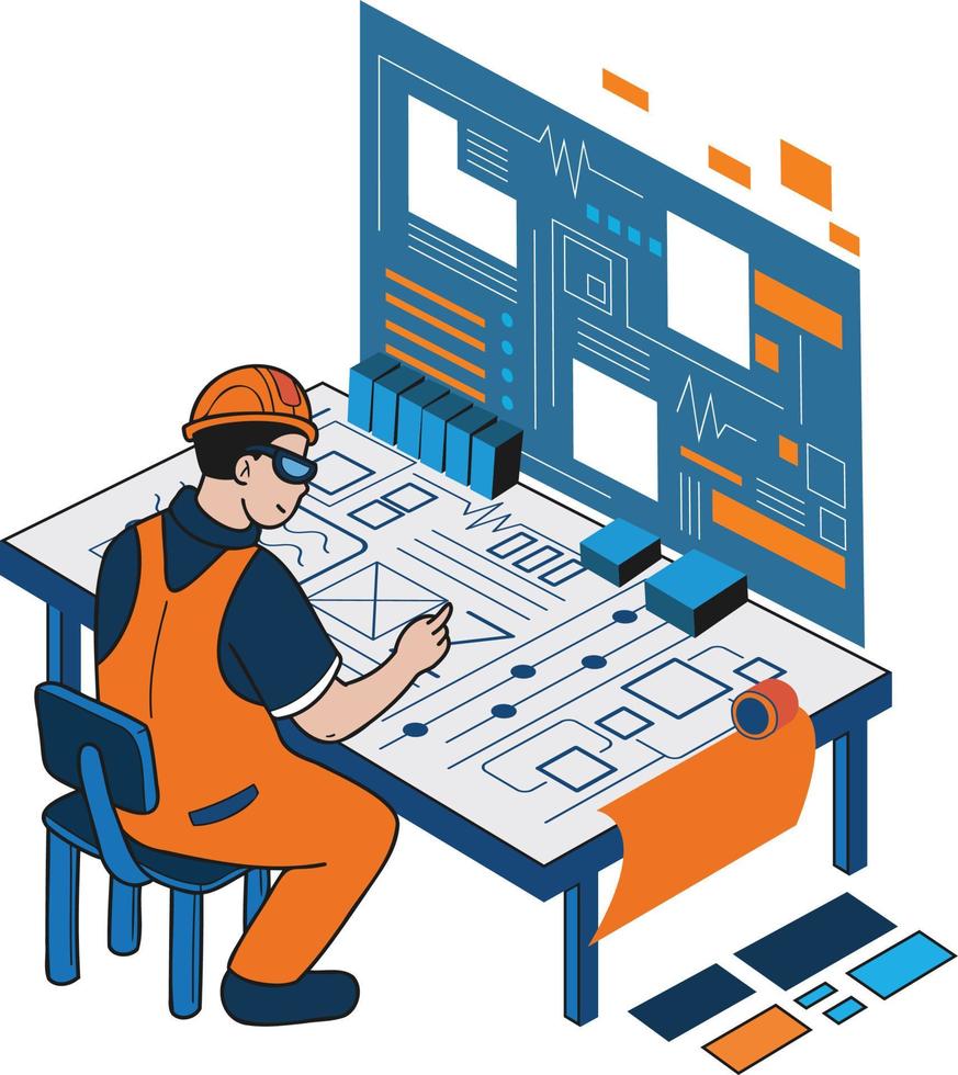 Male engineer supervising construction work illustration in doodle style vector