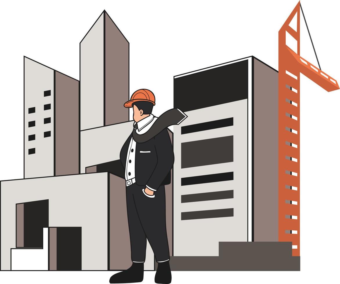 Architect designing buildings and structures illustration in doodle style vector