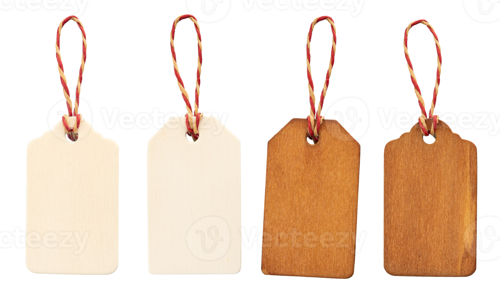 Group of Blank wooden price tag with string isolated. Template mock up png