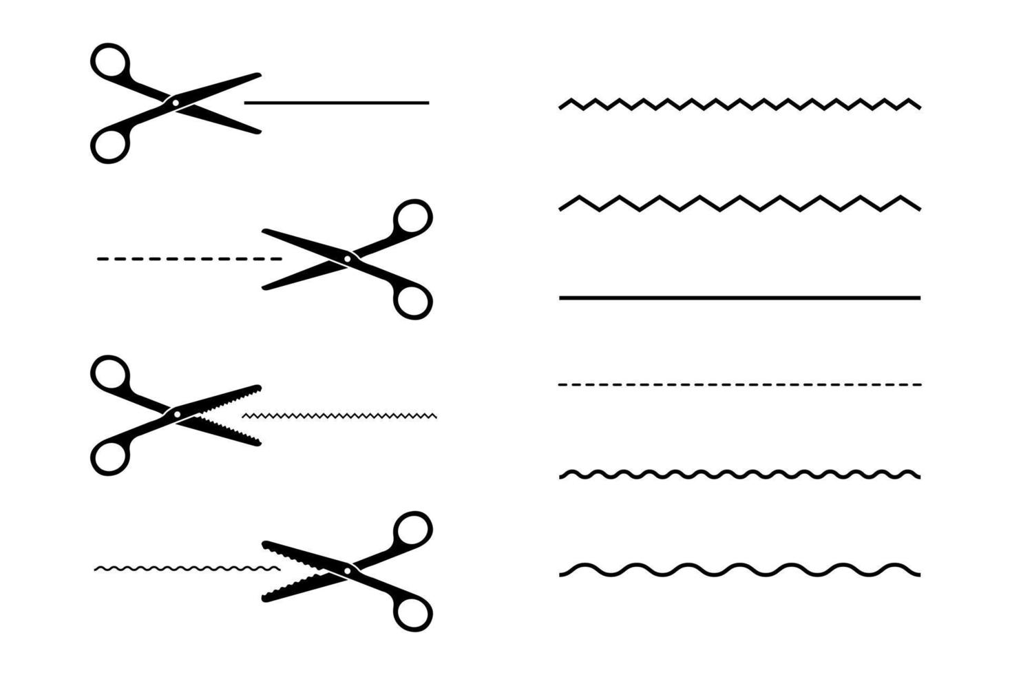 Icon set of black scissors with a variety of cut lines. Flat vector illustration