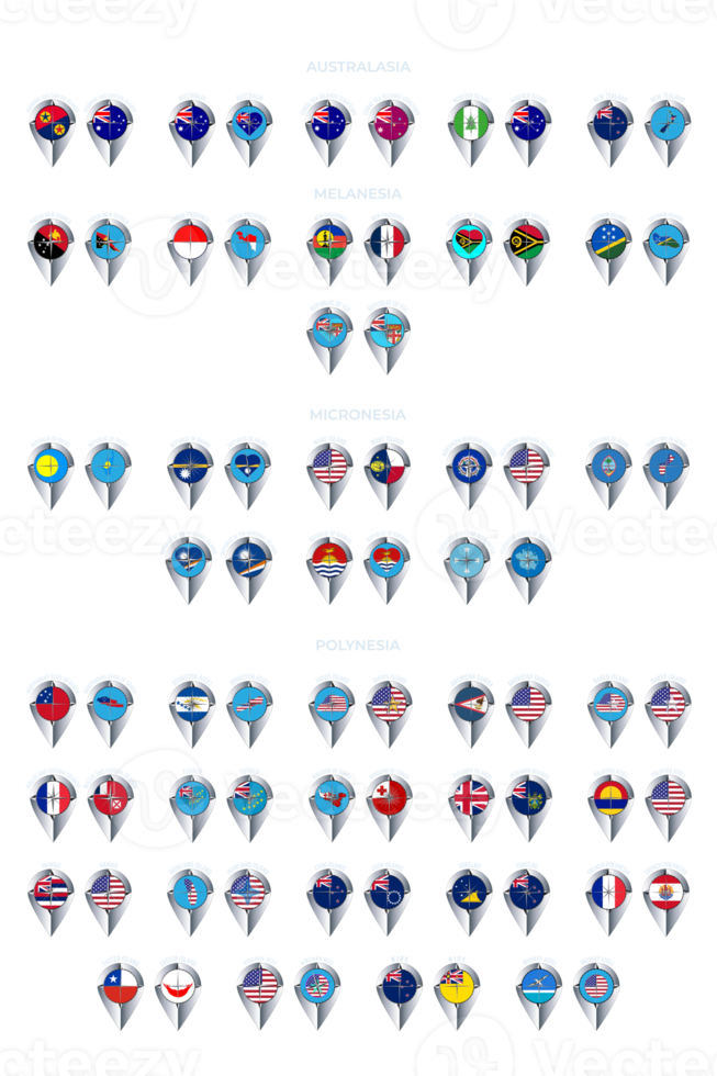 Set of illustrations of pointers in the form of flags of the countries of Australia and Oceania. Groups of Australasia, Micronesia, Melanesia and Polynesia. png