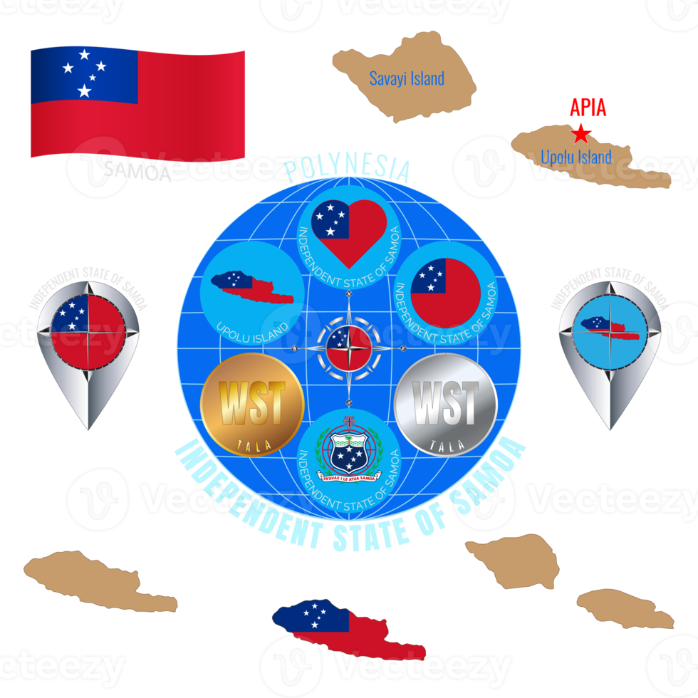 Set of illustrations of flag, outline map, icons of Samoa. Travel concept. png