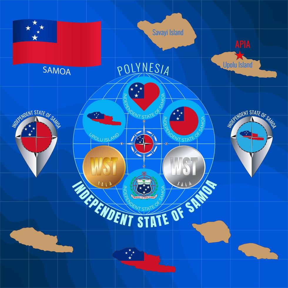 Set of vector illustrations of flag, outline map, icons of Samoa. Travel concept.