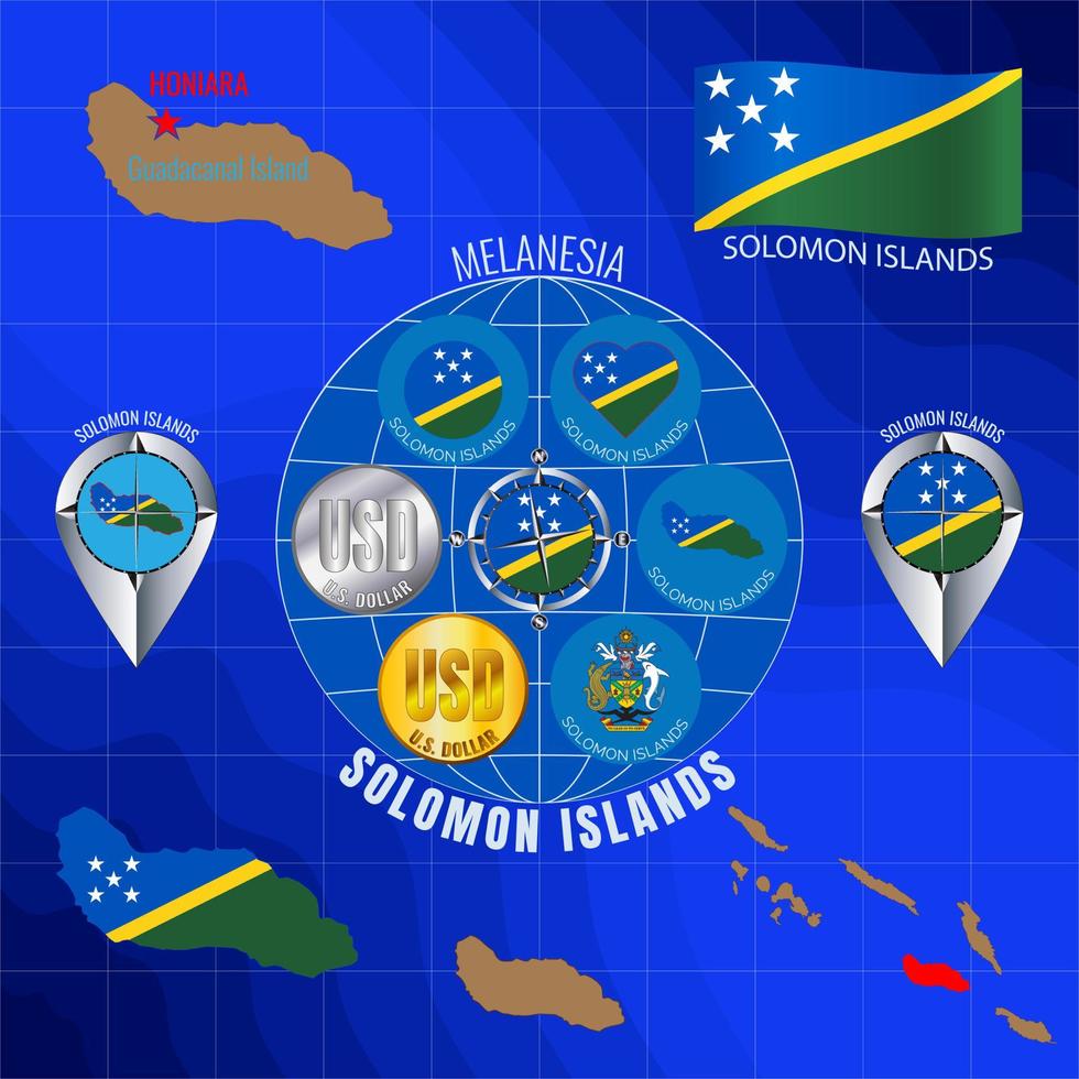 Set of vector illustrations of flag, outline map, icons of SOLOMON ISLANDS. Travel concept.