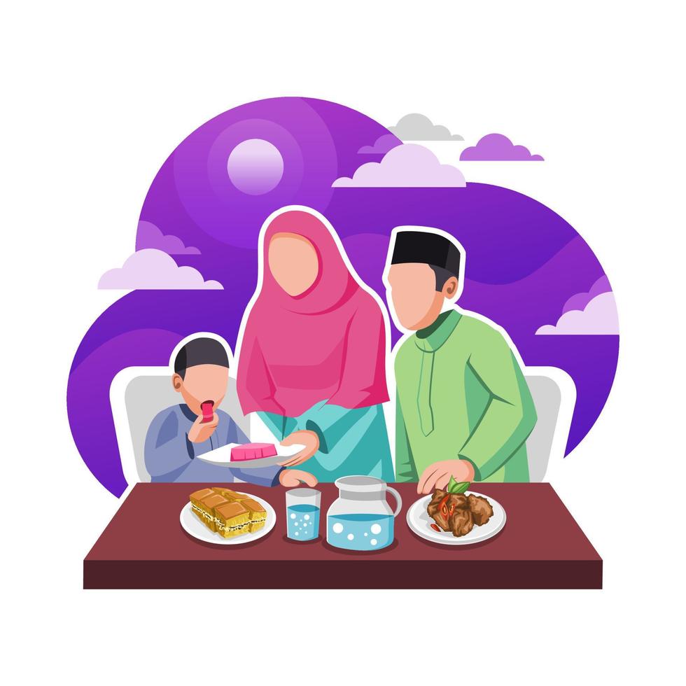 el familia es comiendo sahur en el mes de Ramadán plano ilustración vector