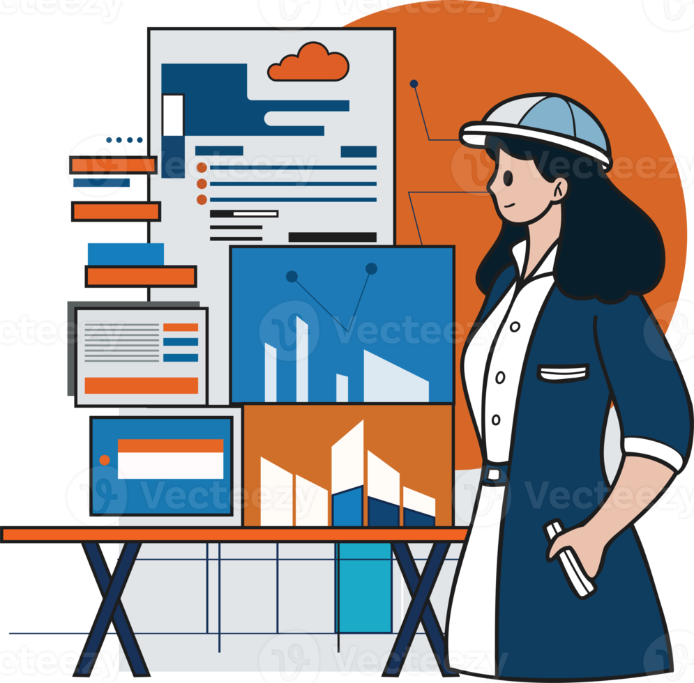 Female architect designing a house illustration in doodle style png