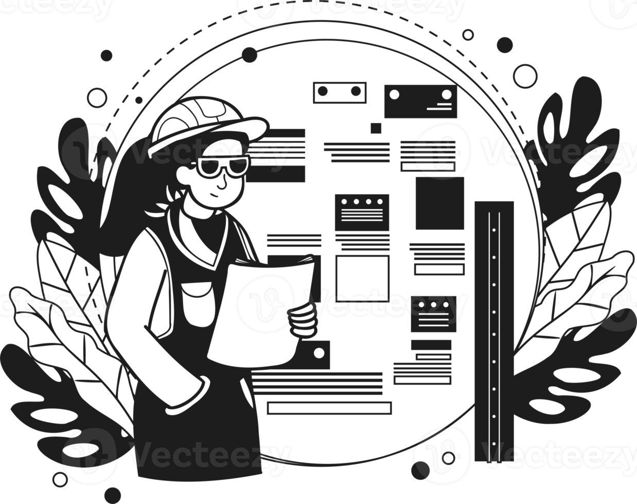 femelle ingénieur surveillance construction travail illustration dans griffonnage style png