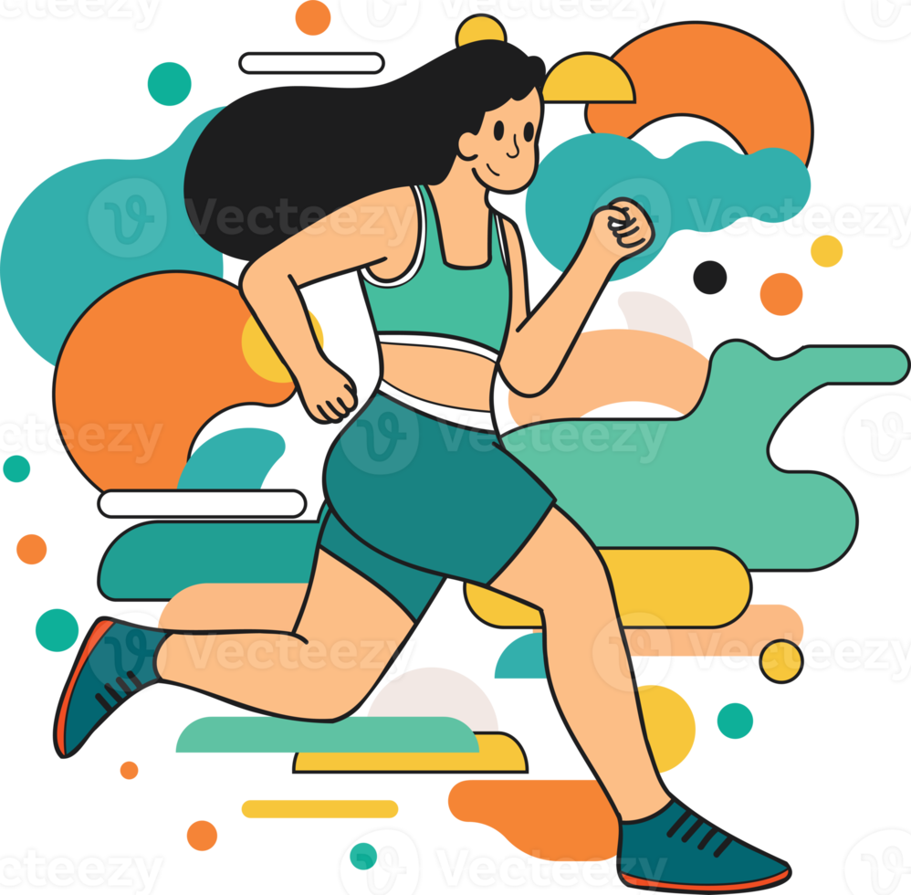 Fitness girl running and exercising illustration in doodle style png