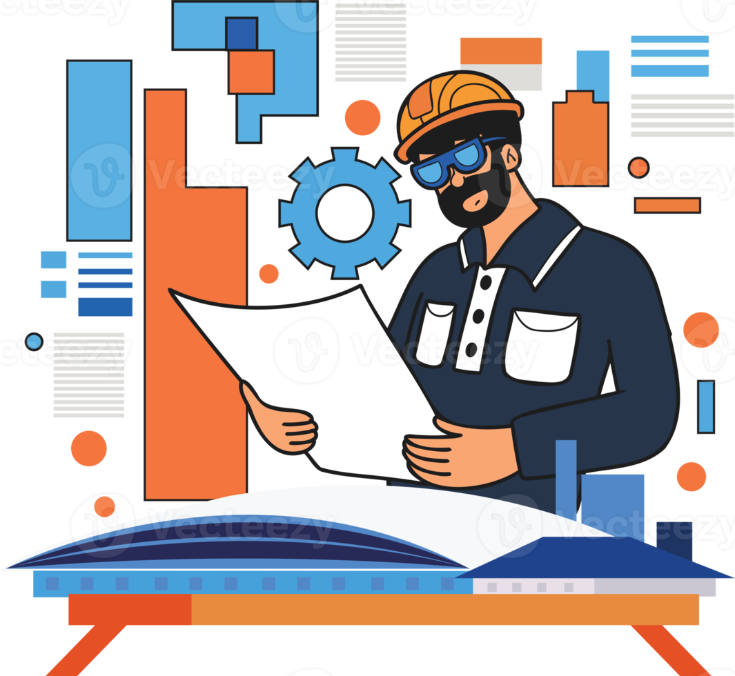 Male engineer creating blueprints and plans illustration in doodle style png
