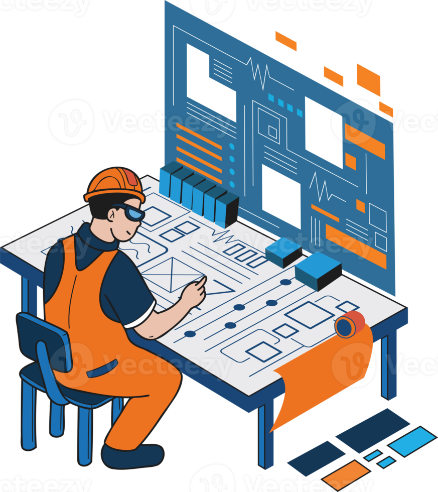 Male engineer supervising construction work illustration in doodle style png