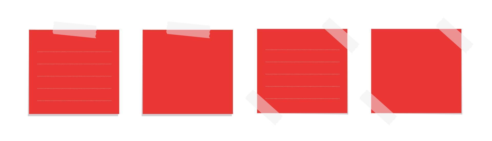 Square red sticky post note template mockup set. Taped office memo paper vector illustration.