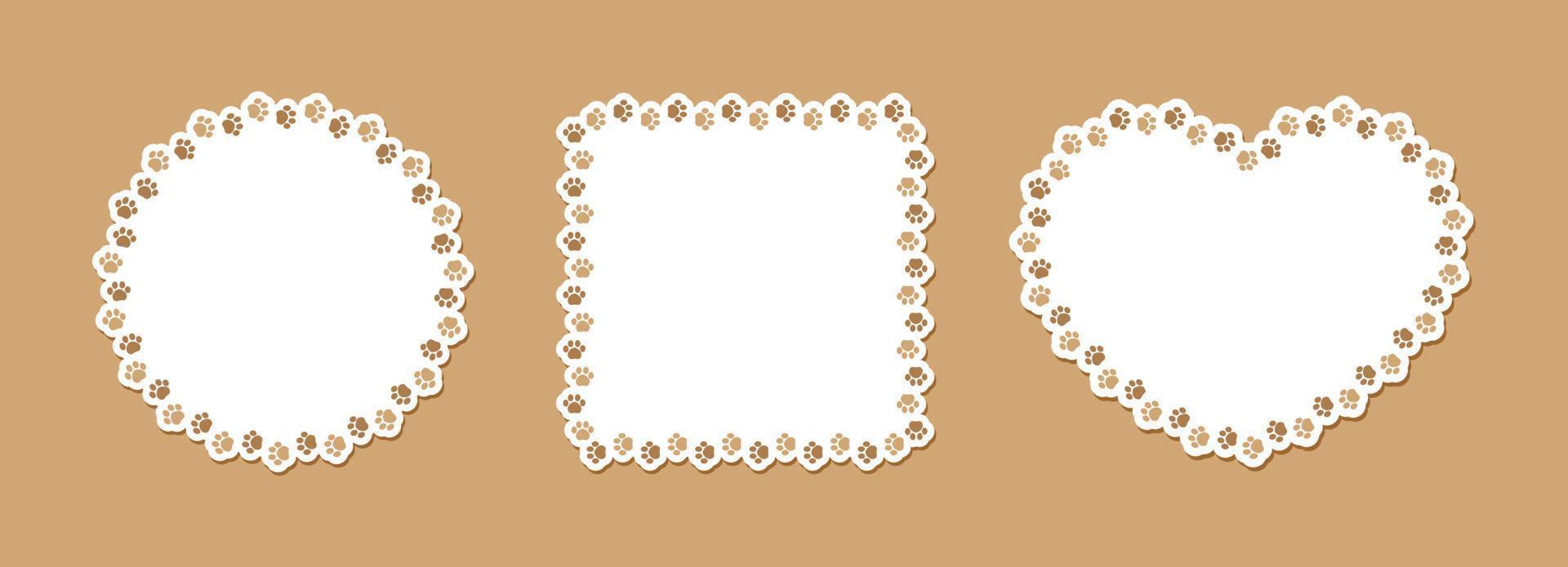 Cute animal paw print frame with copy space. Animal pet dog paw prints border template set. Vector illustration