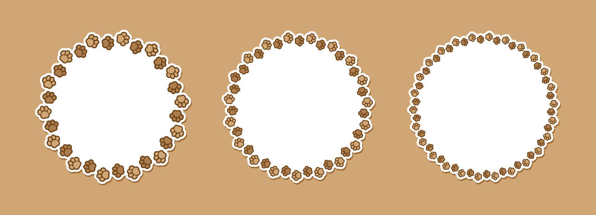 Round frame made of animal paw prints with copy space for text set. Cute dog paw print border collection. Vector illustration