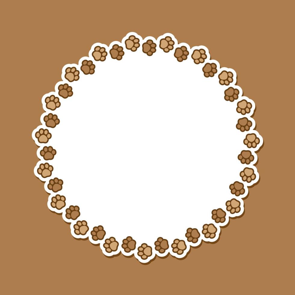 Round frame made of animal paw prints with empty space for your text and images. Cute dog paw print border. Vector illustration