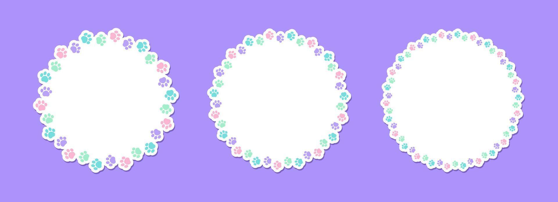 Round colorful pastel animal paw print frame template set. Cute dog paw prints border. Vector illustration
