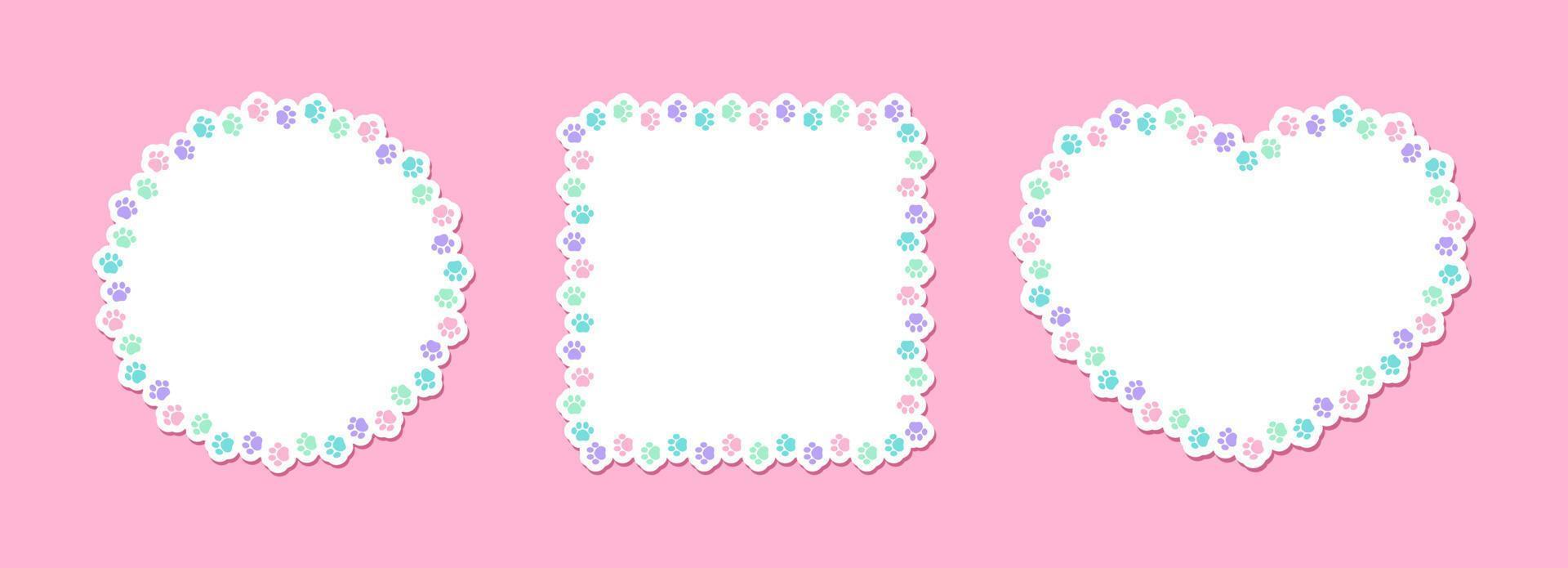 Colorful pastel animal paw print frame template set. Cute dog paw prints border. Vector illustration