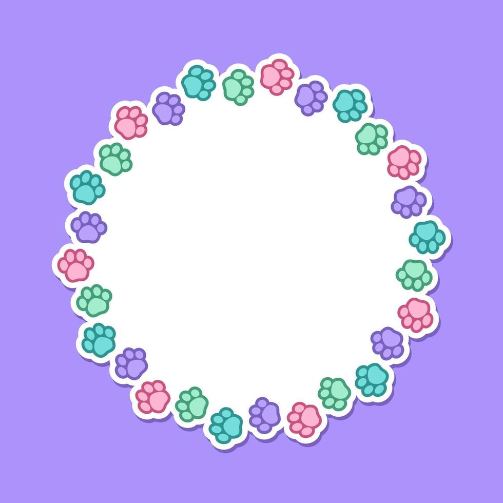 Round colorful pastel animal paw print frame with empty space for your text and images. Cute dog paw prints border. Vector illustration