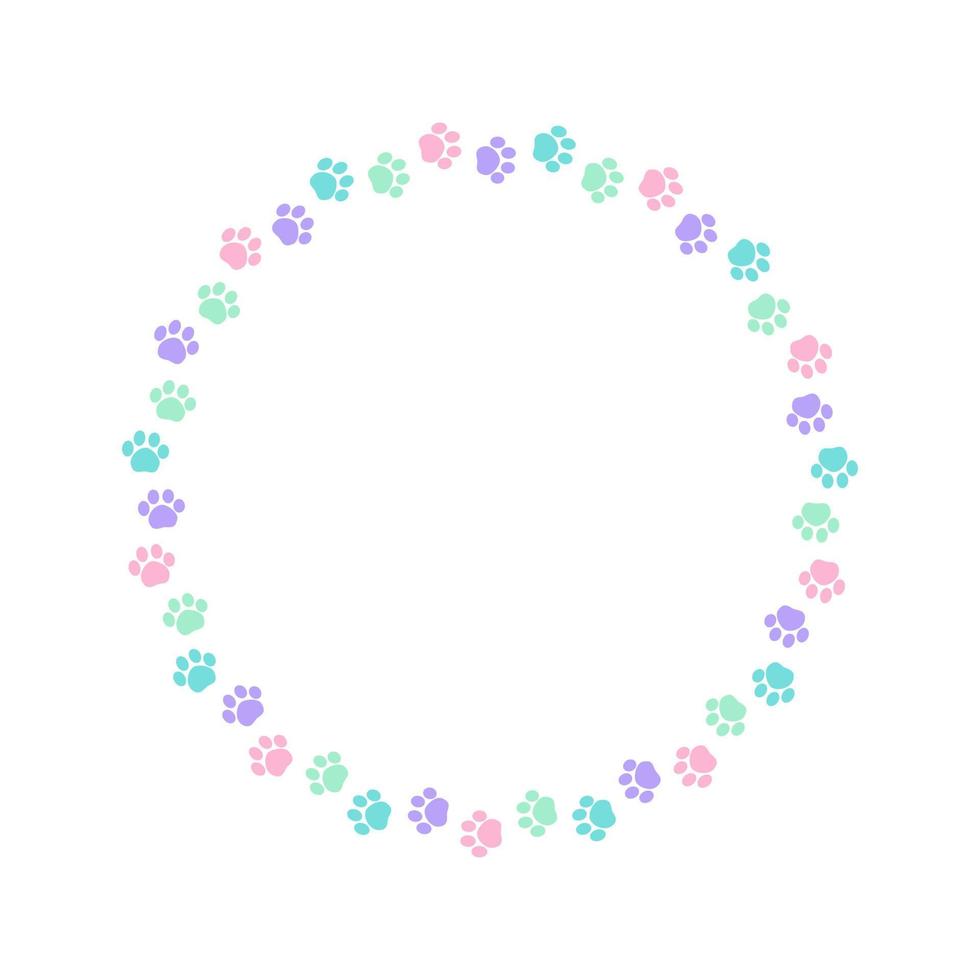 Round colorful pastel animal paw print frame with empty space for your text and images. Cute dog paw prints border. Vector illustration