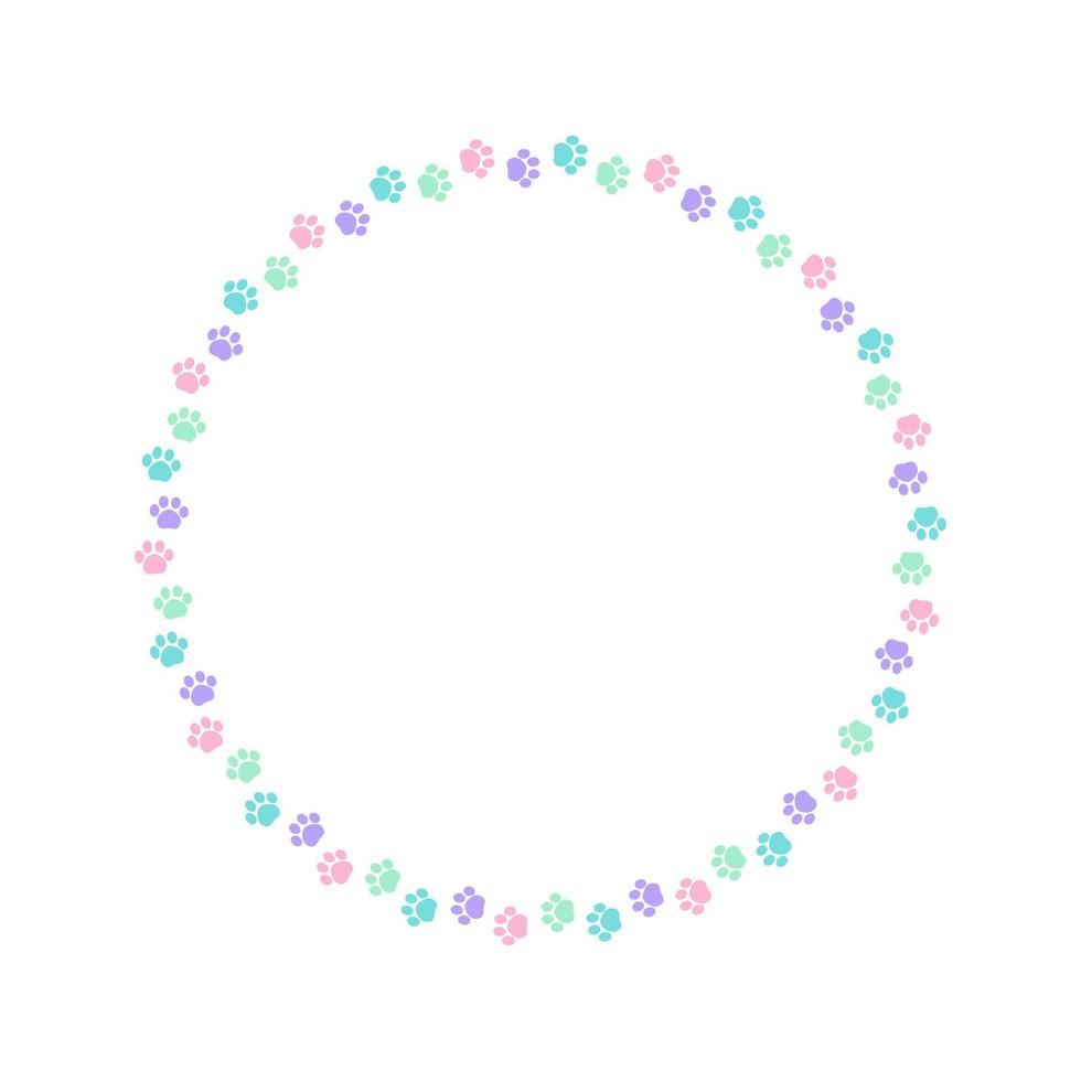Round colorful pastel animal paw print frame with empty space for your text and images. Cute dog paw prints border. Vector illustration