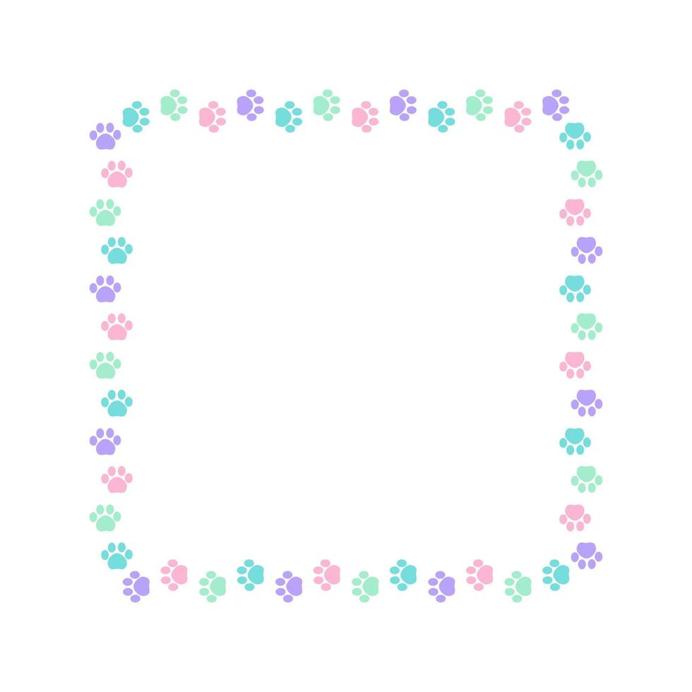 Square colorful pastel animal paw print frame with empty space for your text and images. Cute dog paw prints border. Vector illustration