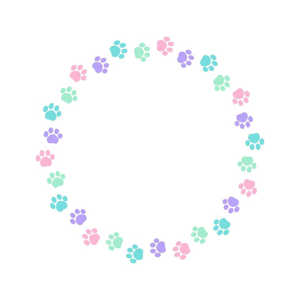 Round colorful pastel animal paw print frame with empty space for your text and images. Cute dog paw prints border. Vector illustration