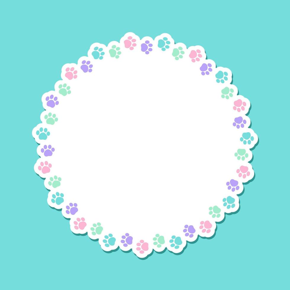 Round colorful pastel animal paw print frame with empty space for your text and images. Cute dog paw prints border. Vector illustration