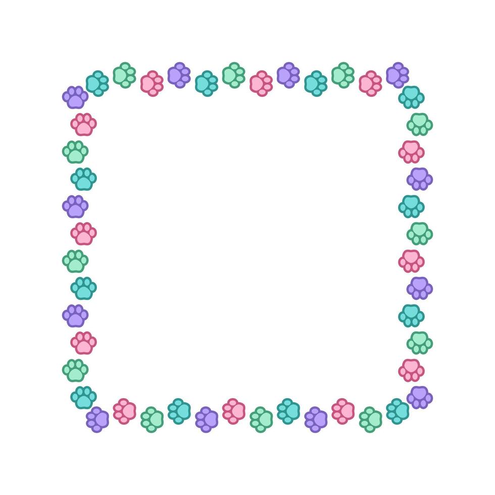 Square colorful pastel animal paw print frame with empty space for your text and images. Cute dog paw prints border. Vector illustration