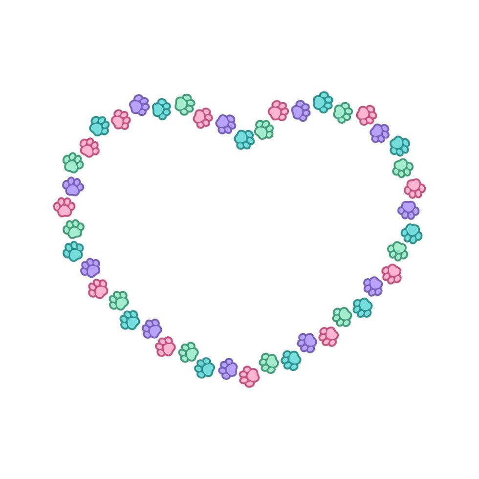 Heart shaped colorful pastel animal paw print frame with copy space. Cute Valentines Day, animal lover dog paw prints border. Vector illustration
