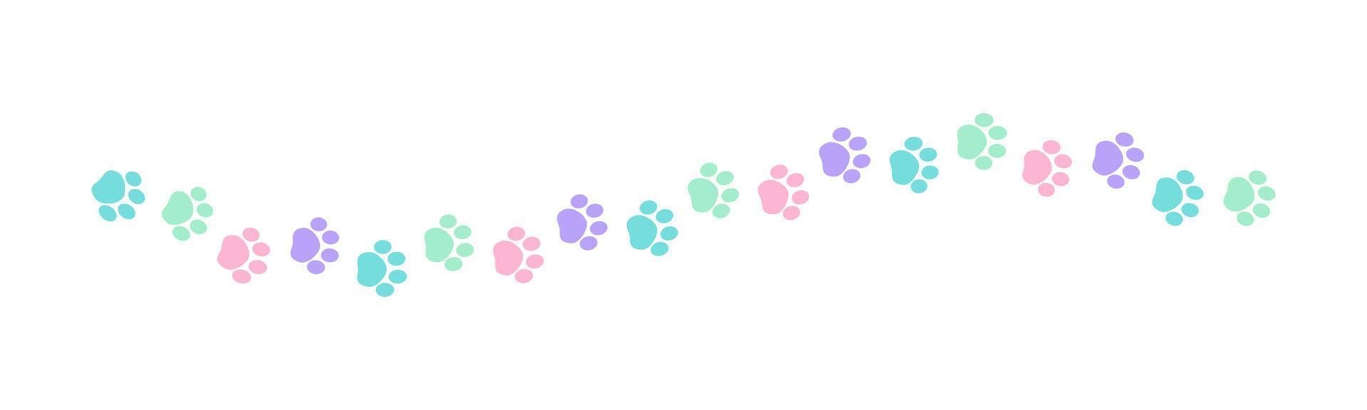 Cute pastel footprints of pets, dog or cat separator border. Paw print pattern, animal track walking vector illustration design element.