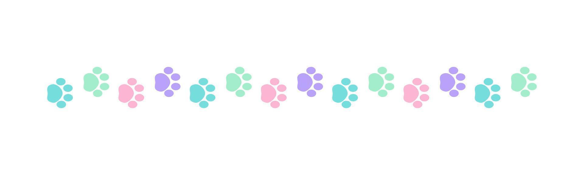 Cute pastel footprints of pets, dog or cat separator border. Paw print pattern, animal track walking vector illustration design element.