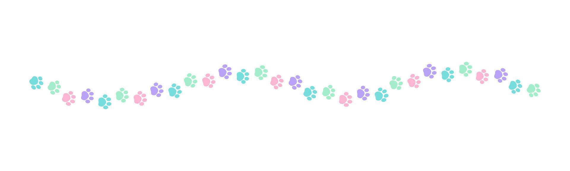Cute pastel footprints of pets, dog or cat separator border. Paw print pattern, animal track walking vector illustration design element.