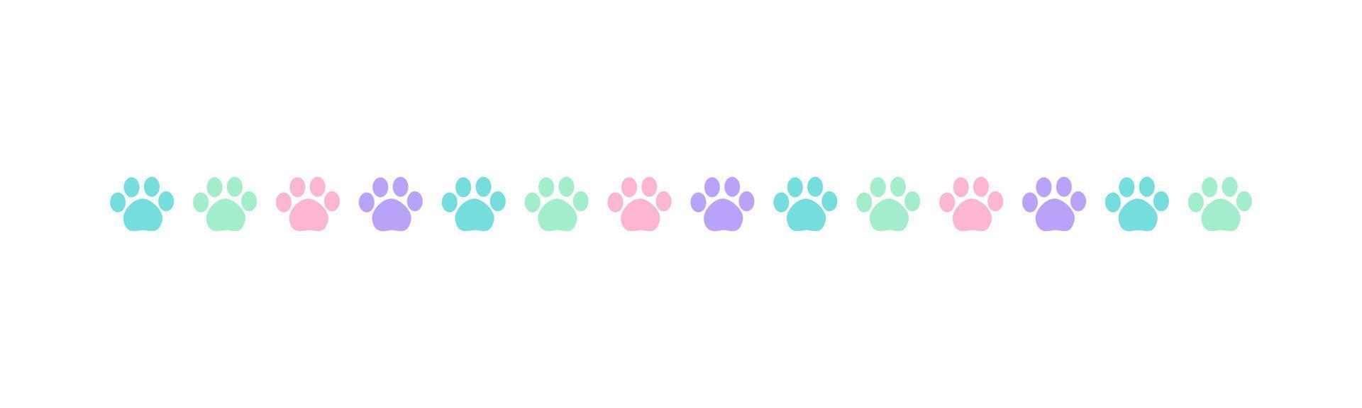 Cute pastel footprints of pets, dog or cat separator border. Paw print pattern, animal track walking vector illustration design element.