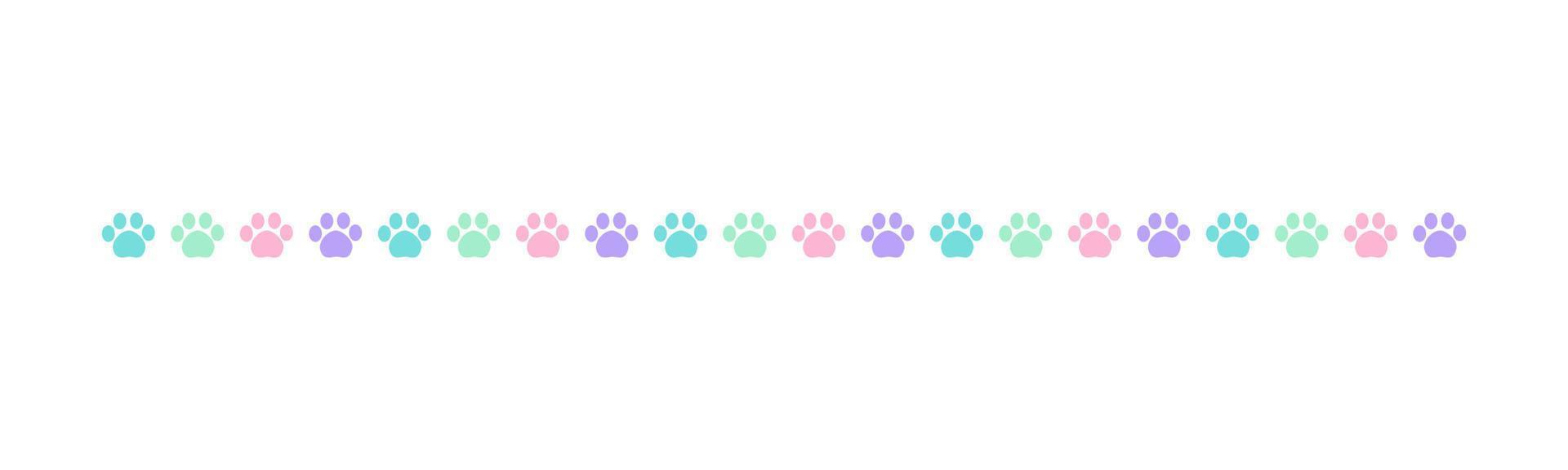 Cute pastel footprints of pets, dog or cat separator border. Paw print pattern, animal track walking vector illustration design element.