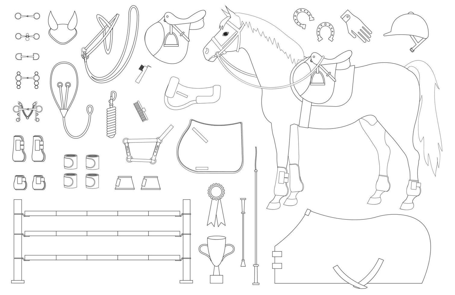 Vector set of flat horse riding equipment