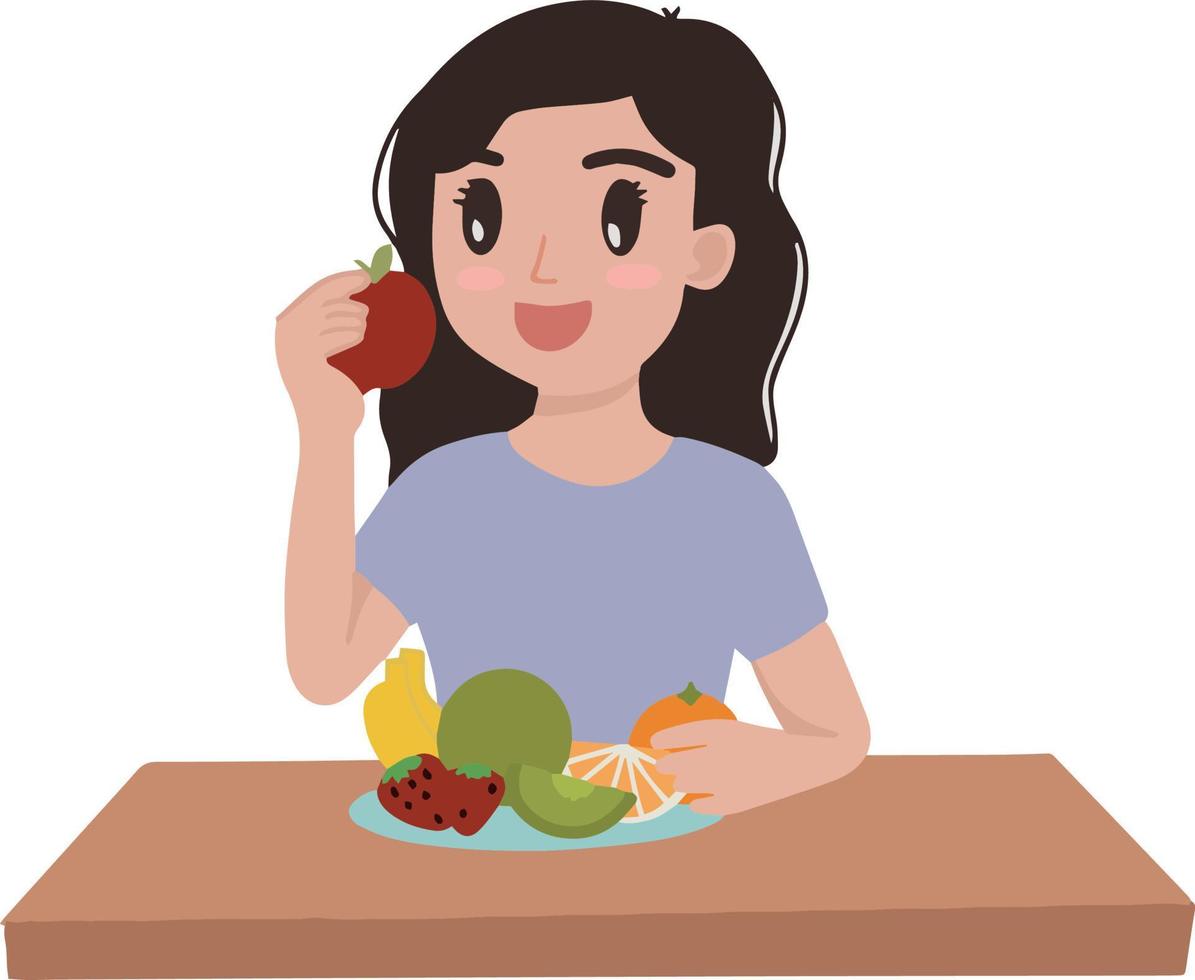 vector de mujer niña comer frutas manzana fresa naranja plátano en el mesa ilustración