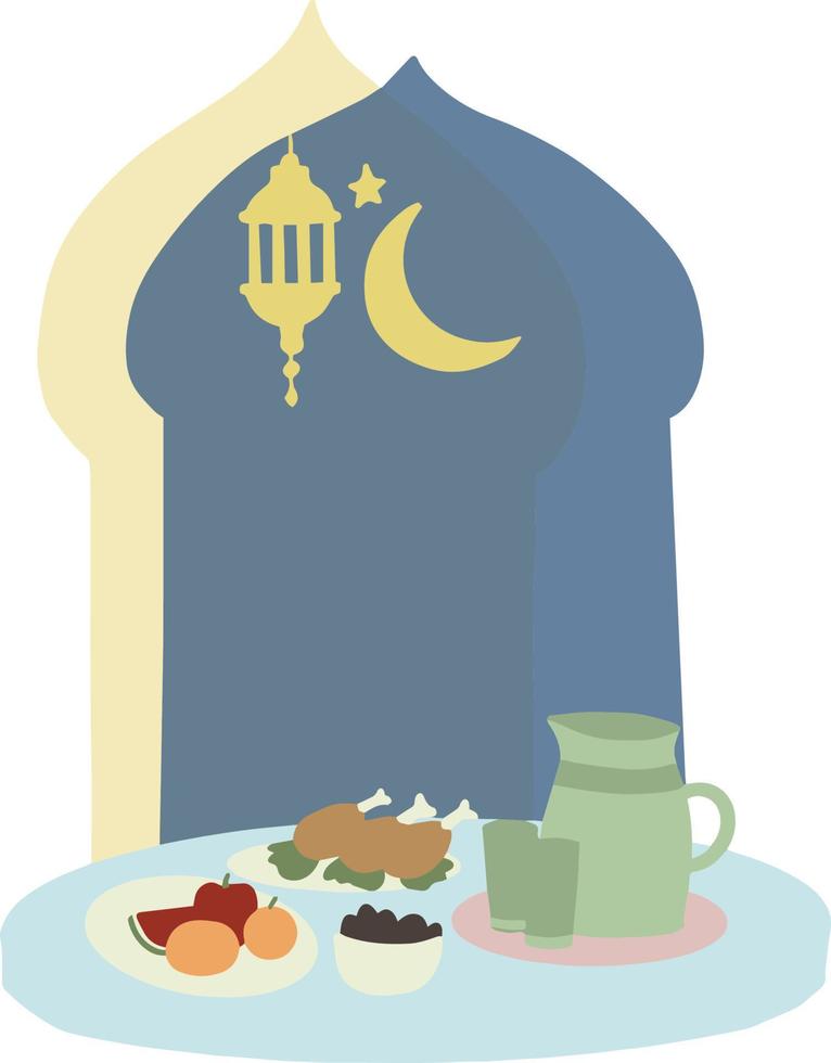 retrato ilustración de iftar fiesta comida kurma fechas Ramadán vibraciones vector