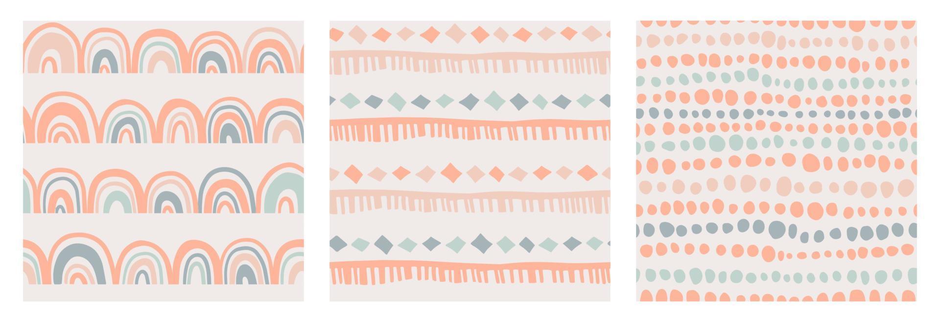 Set of kids boho seamless patterns with rainbow, stripes and dots in doodle style in a natural color palette. Pastel naive nursery print design on a light background. Trendy contemporary kids backdrop vector
