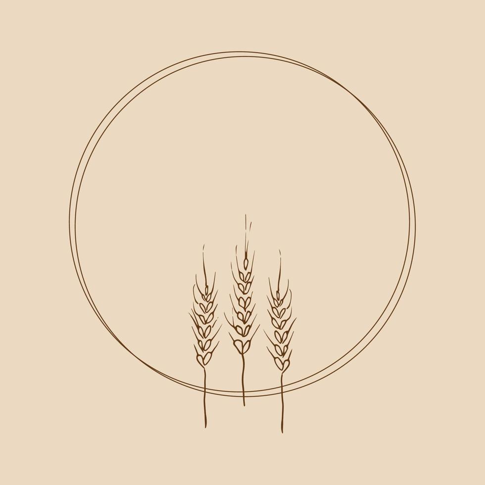 Wreath frame from ears of wheat.A bunch of ears of wheat,dried whole grains.Cereal harvest,agriculture,organic farming,healthy food symbol.Ears of wheat hand drawn.Design element. Vector