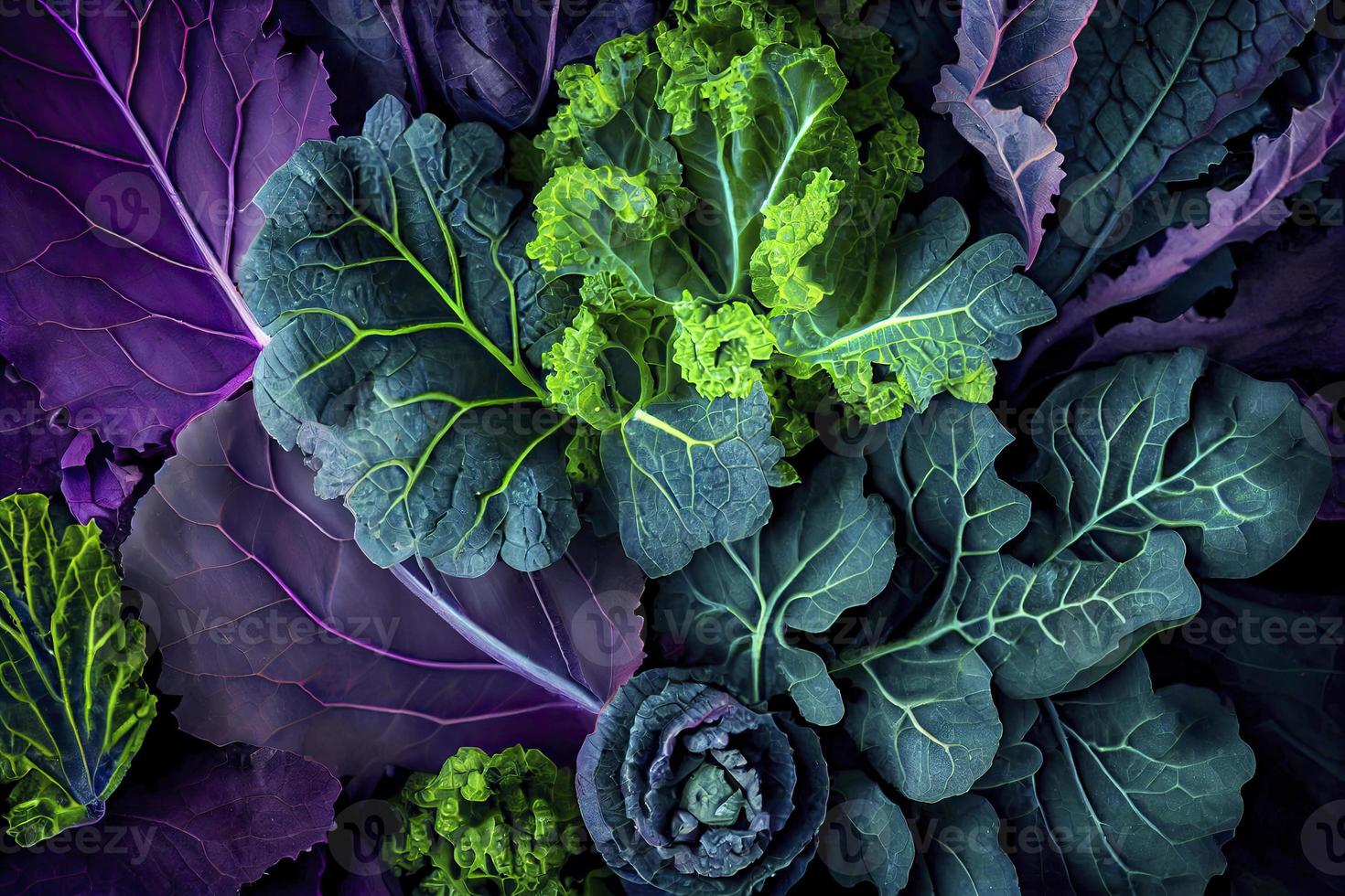 Leaves of different types of kale cabbage top view background photo