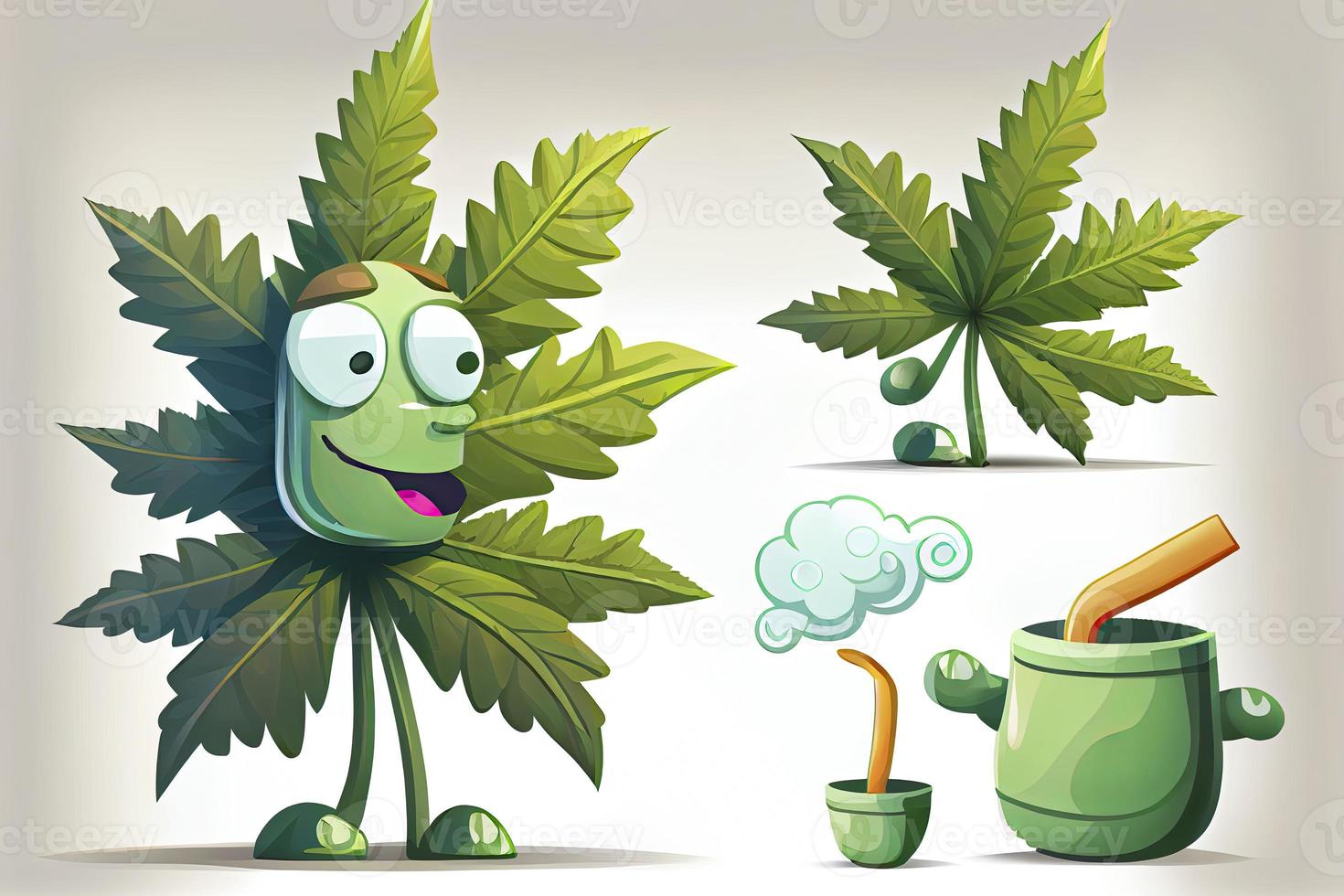 Marijuana Leaf Cartoon Characters. On White Background photo