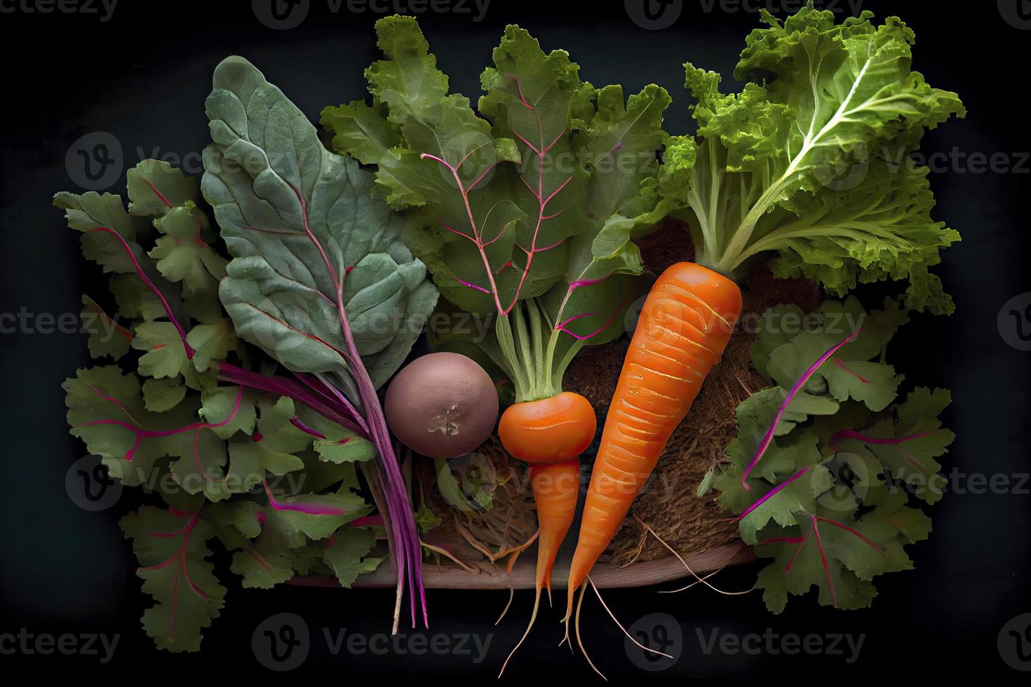 Top view of freshly harvested radish, carrots, and kale cabbage photo