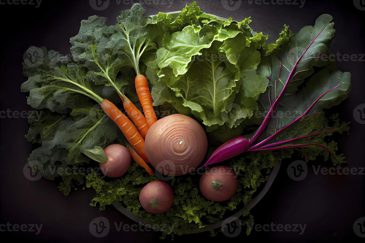 Top view of freshly harvested radish, carrots, and kale cabbage photo